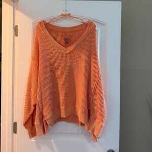 American Eagle Big Hug V-Neck Waffle Sweater (Orange)